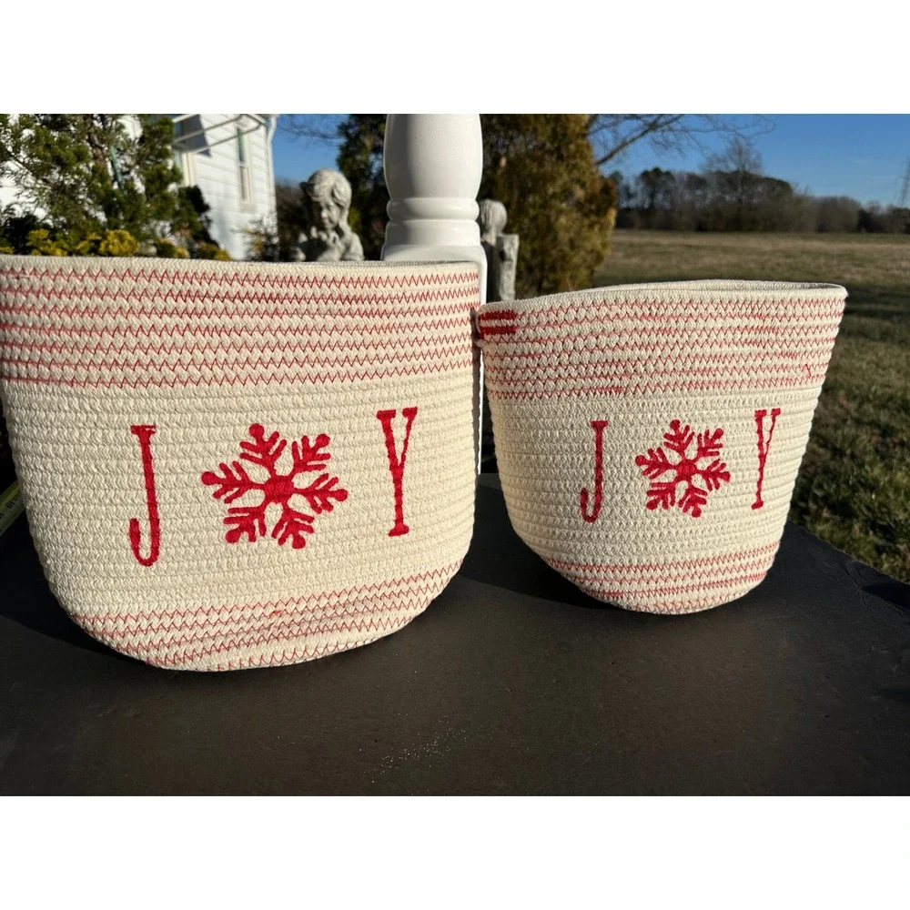 Set of 2 Christmas Baskets Joy Snowflake Red White Rope basket Storage‎ Decor
